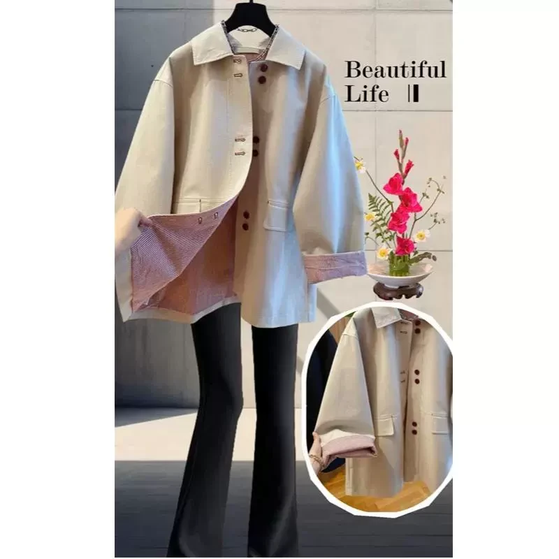 韩系高级感胖妹妹大码中长款风衣外套女春秋设计感内衬格子上衣潮
