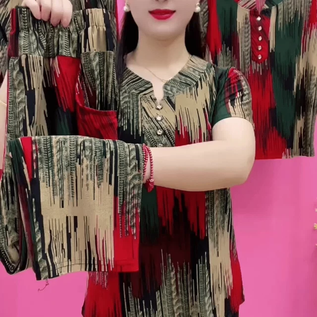 套装女夏季新款百搭显瘦弹力印花中年妈妈奶奶装上衣裤子两件套