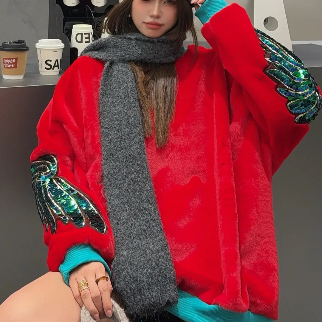 加绒中长款圆领红色系3D通勤风女长袖亮片卫衣