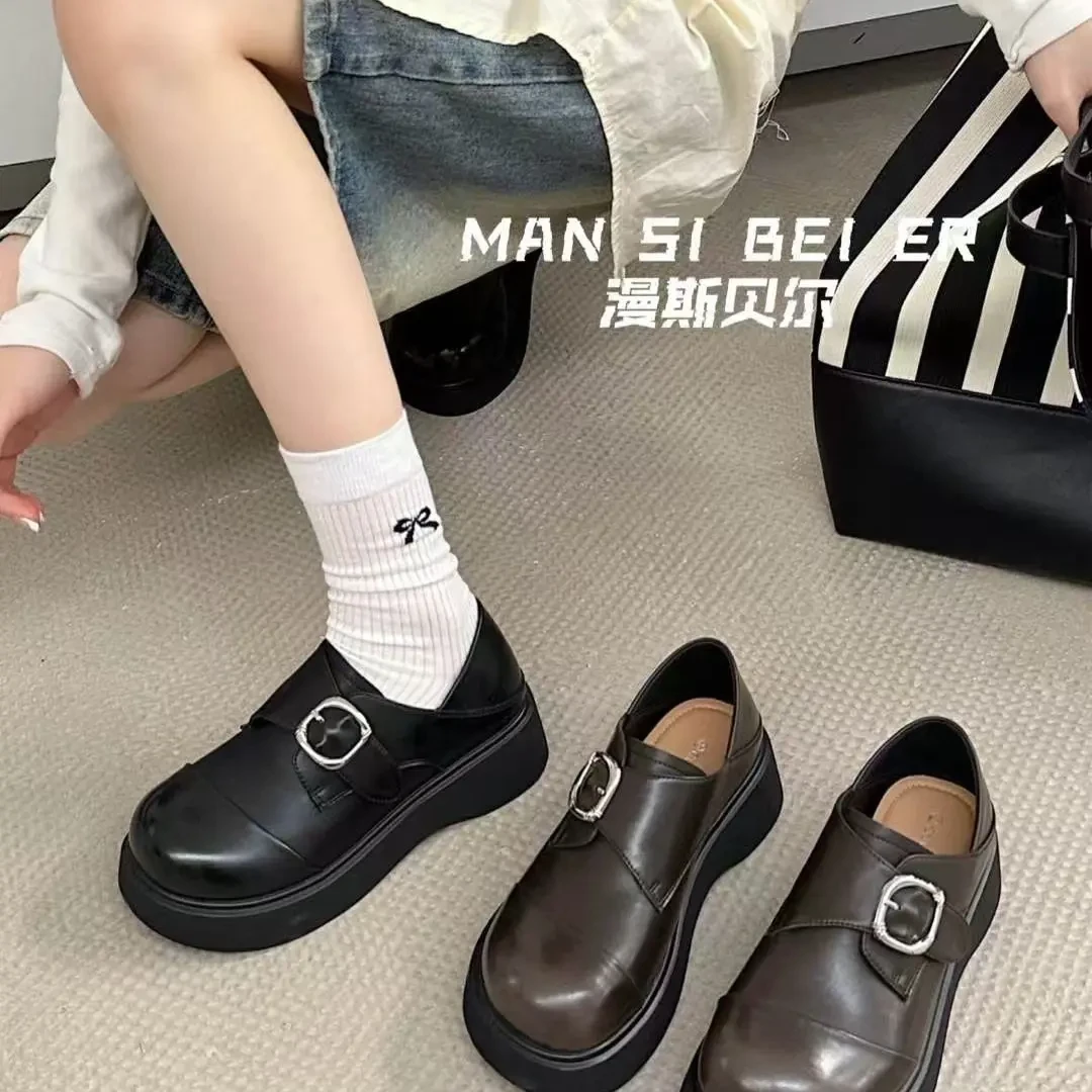 漫斯贝尔女鞋乐福鞋百搭春季漫斯贝尔秋季鞋子厚底软底英伦小皮鞋