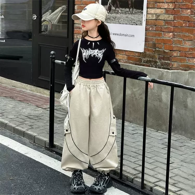 女童拉链面包裤套装2025洋气短款长袖T恤潮酷街舞嘻哈爵士舞蹈服