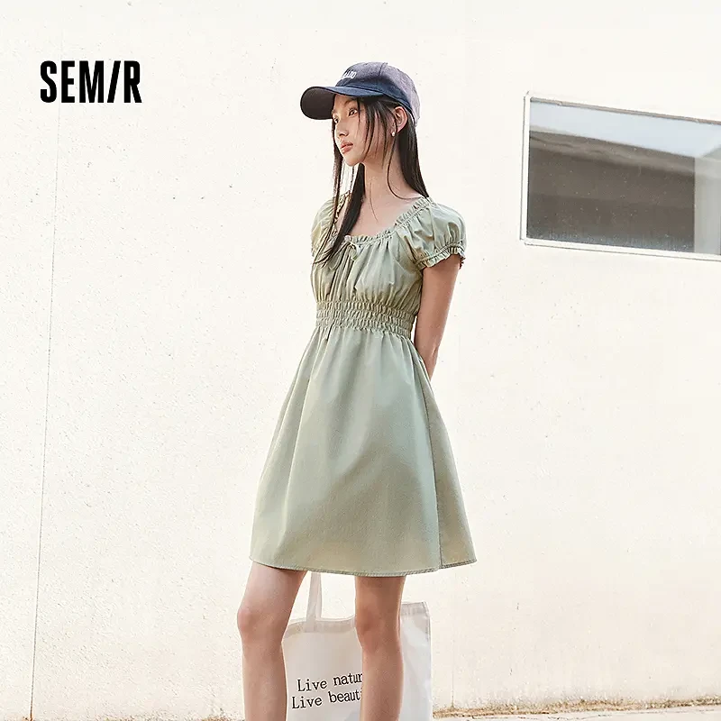 森马连衣裙女收腰蝴蝶结少女感2025新款夏俏皮木耳边方领短裙气质