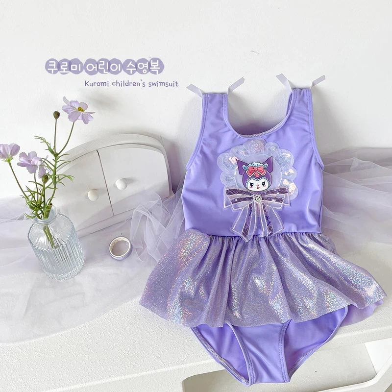 儿童泳衣连体库洛米裙式连体防晒泳衣公主梦幻紫色女宝泳装