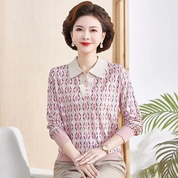 妈妈春装新中式翻领T恤中老年女薄款长袖上衣针织衫国风打底衫楠