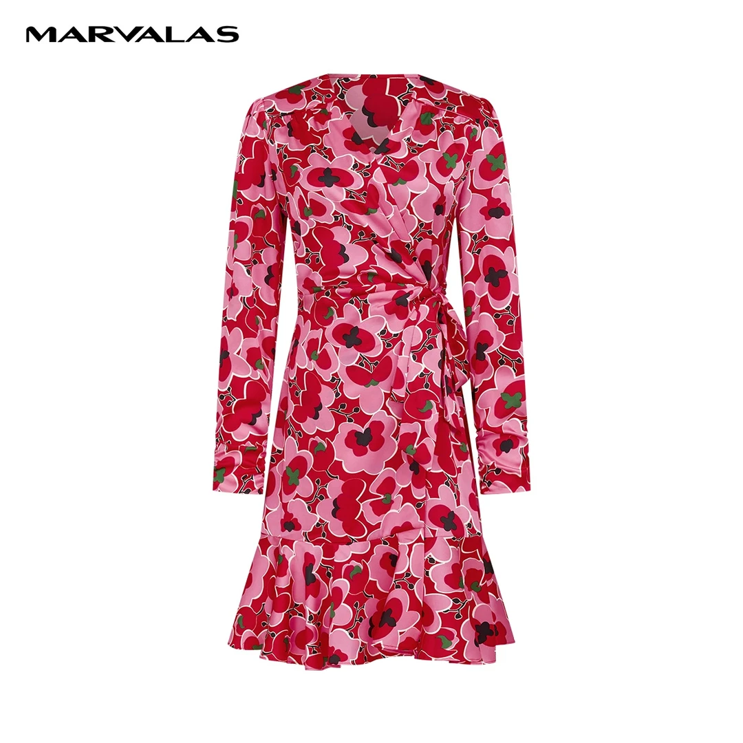 【商场同款】曼德诗花色连衣裙新款印花撞色收腰裙 M534308467