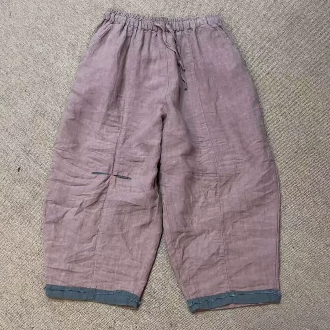 2587亚麻撞色休闲裤百搭宽松裤长92臀围150