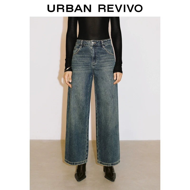 UR2025春季新款女欧若风设计感休闲洗水阔腿牛仔长裤UWJ850002