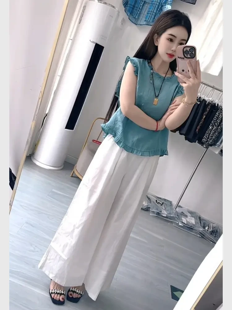 2025INS风韩版纯欲风孔雀蓝减龄显瘦圆领飞飞袖阔腿宽松百搭套装