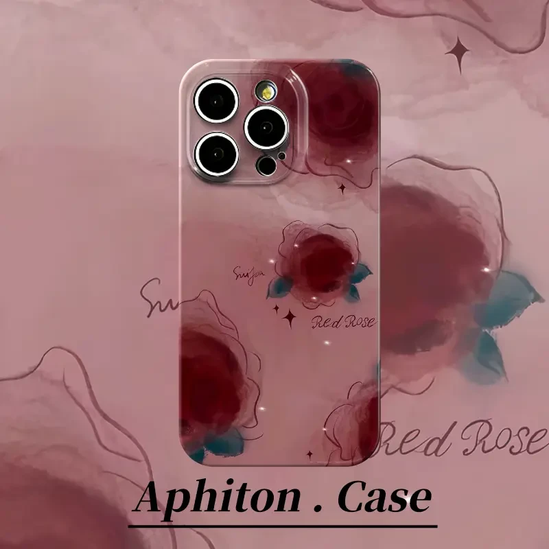 复古晕染红玫瑰适用苹果16菲林硬手机壳华为70vivo小米15oppo全包
