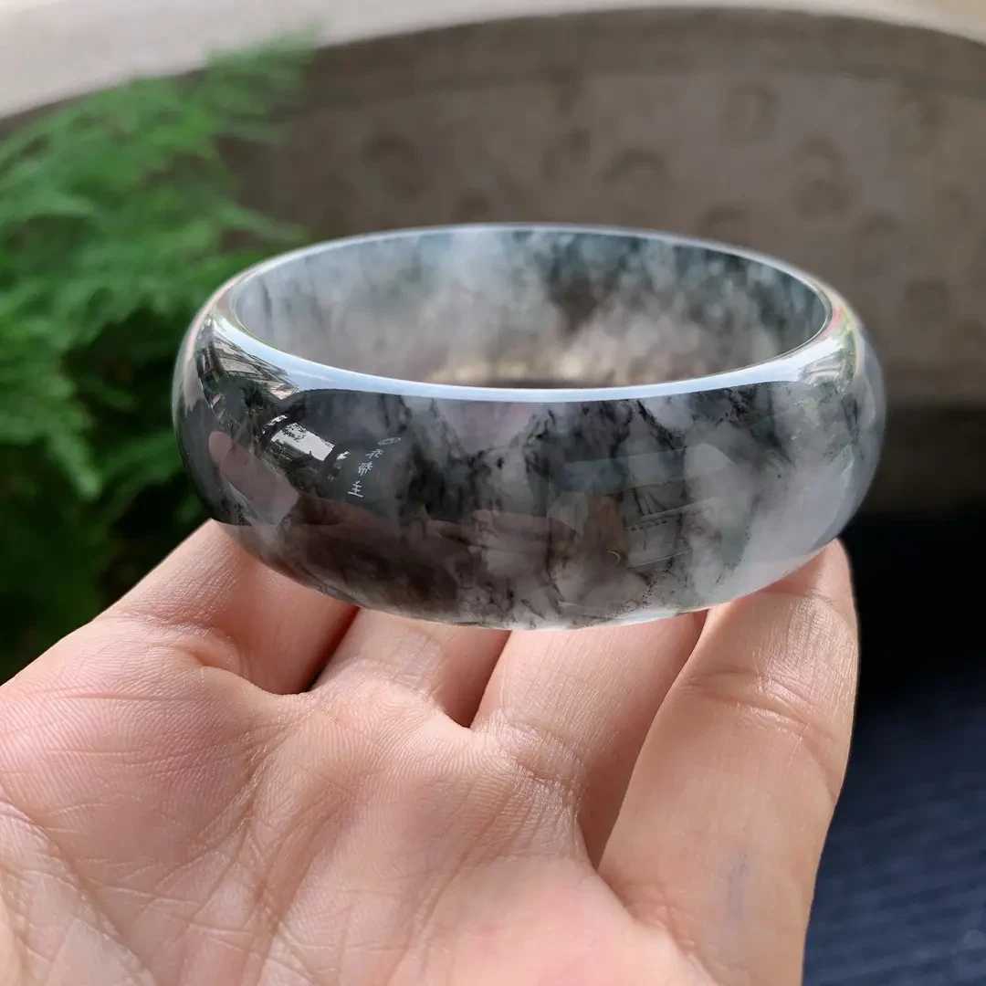 天然A货翡翠玉手镯圈口58正圈冰种乌鸡宽版轮胎 A504291507