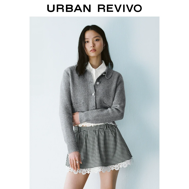 UR2025春季新品女装欧若风格雷系拼接蕾丝纽扣针织开衫UYU950020