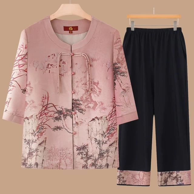 奶奶装夏装中袖舒适老人妈妈夏季国风开衫老太太上衣60--80岁薄款