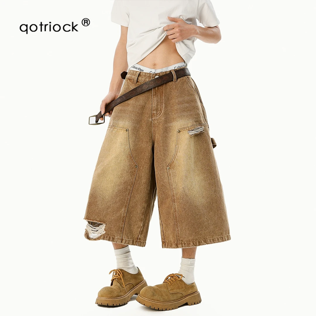 QOTRIOCK卡其色复古工装七分裤男女夏季vintage高街破洞做旧短裤