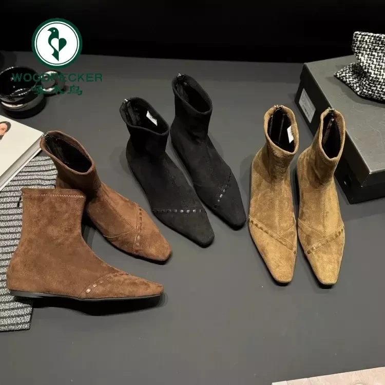 啄木鸟内增高爆款编织绒面小众短靴女2025秋冬缝线瘦瘦靴拉链靴子