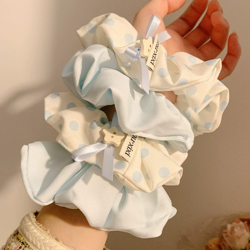 网红爆款洋气蓝色韩风大肠圈慵懒感加粗女扎低马尾波点简约头绳