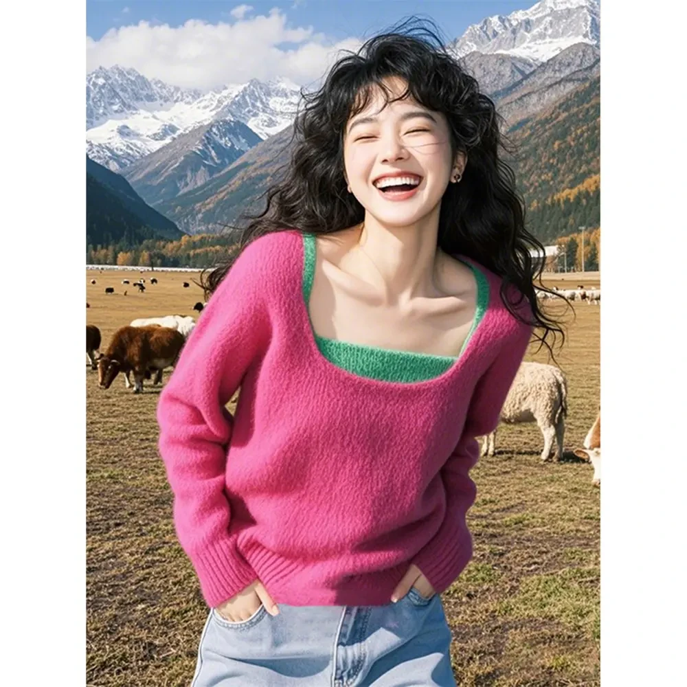 4081玫粉色假两件打底内搭上衣奶fufu韩系慵懒风高级感超好看毛衣