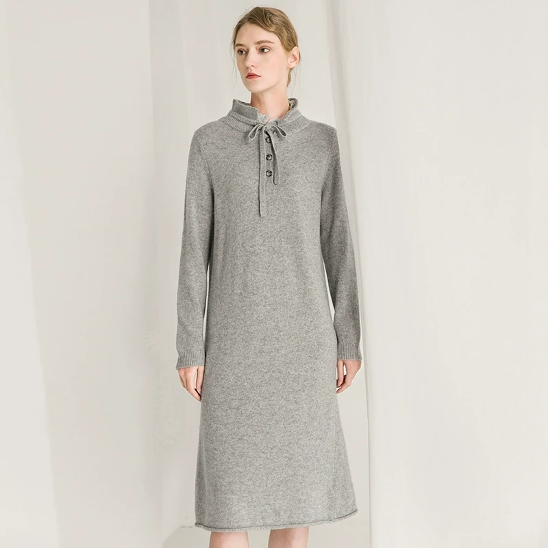 famecoco绑带蝴蝶结毛衣针织连衣裙女立领羊毛长裙女士F218FA005