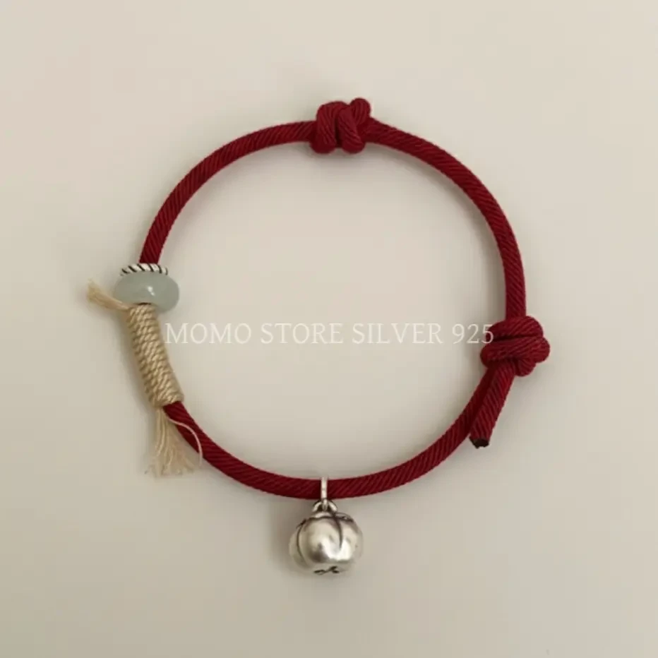 足银手链 《事事如意》999手工复古柿子红绳可调节小众百搭手饰女