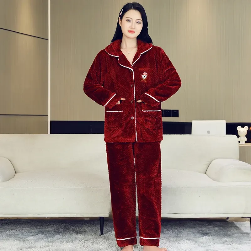 新款菠萝格睡衣女套装中老年加绒加厚长袖保暖大码秋冬季