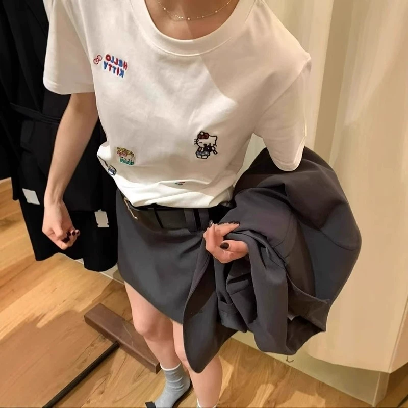 韩系刺绣卡通凯蒂猫印花白色短袖T恤女夏季减龄宽松圆领半袖上衣