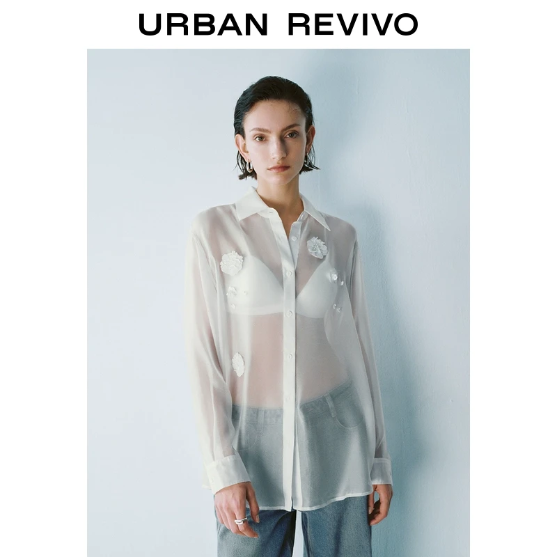 UR2025春季新款女装欧若风立体花朵珠片装饰开襟衬衫UYU250016