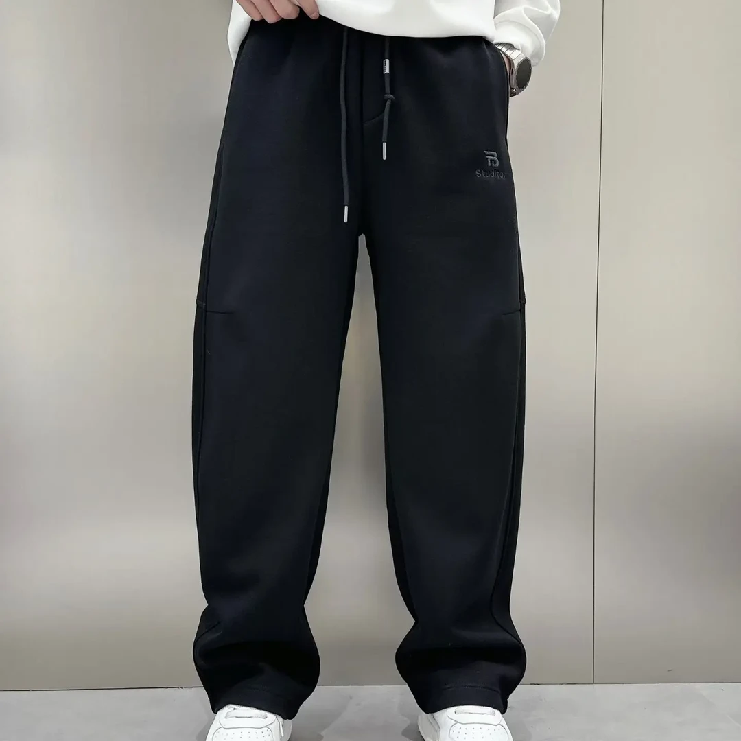 男士秋冬季加绒加厚宽松直筒个性贴布拼接潮流百搭休闲
