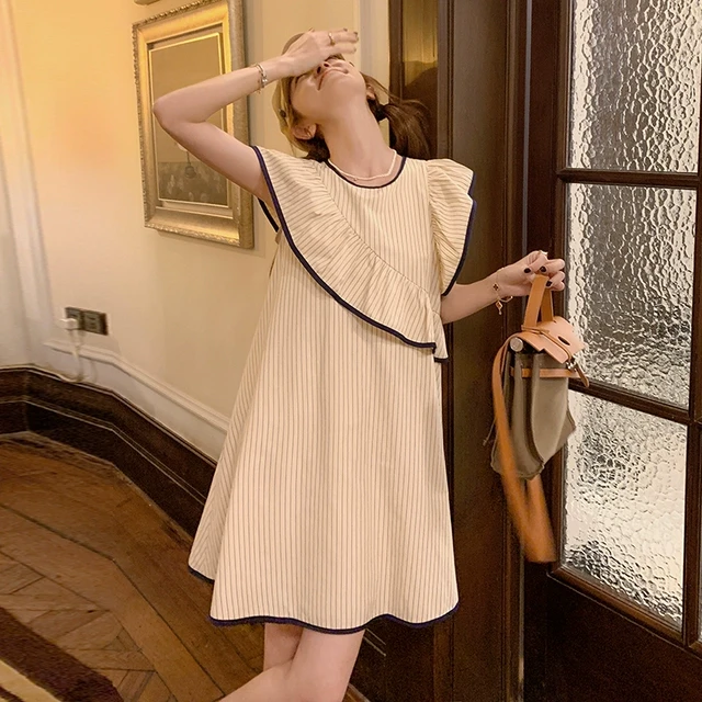 ins减高级夏小飞袖条纹连衣裙女娃娃韩超火好看裙子龄宽松小众系