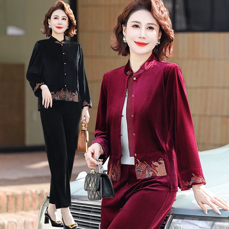中国风妈妈春装套装2025新款中式上衣中老年女春秋季仿金丝绒两件