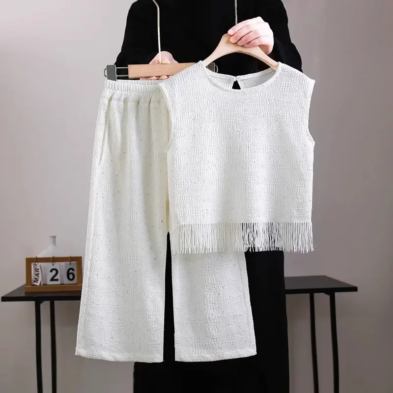 夏季时尚烫钻新款女童重工无袖洋气白月光流苏儿童套装中大童两件