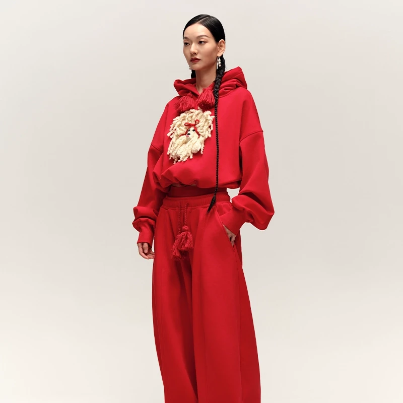 ANGEL CHEN陈安琪 手编绳红色宽松卫裤