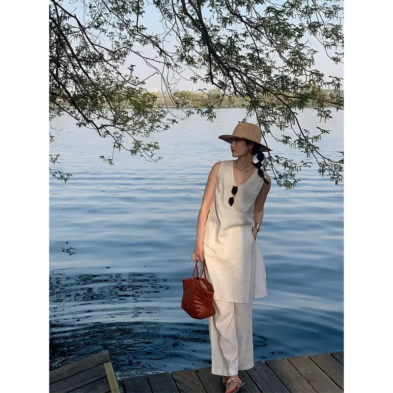 慵懒感休闲百搭收腰显瘦无袖开叉连衣裙高腰时尚宽松阔腿裤套装女