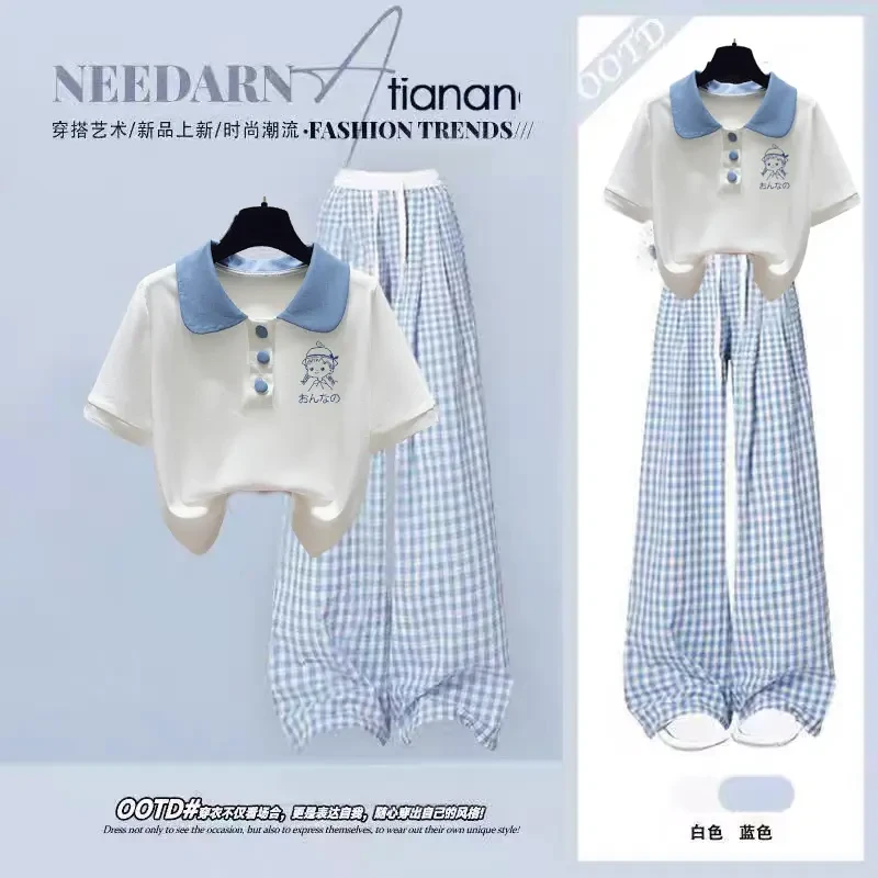 夏季学生女大童时尚套装休闲夏装学院风短袖T恤上衣格子裤两件套