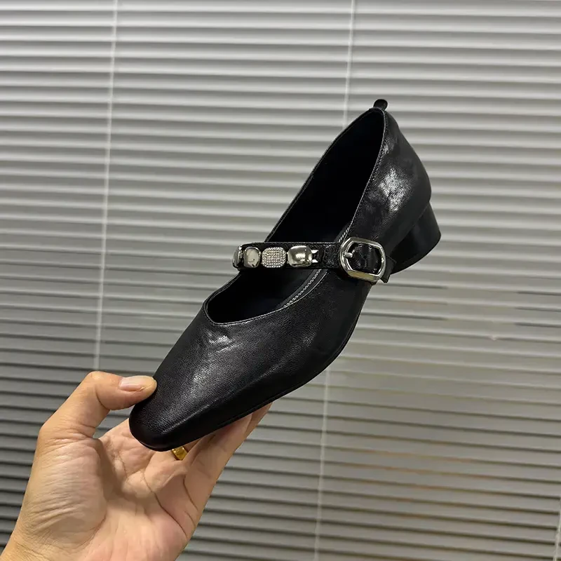 3cm/羊皮/真皮粗跟单鞋女高级感舒适方头女鞋法式中跟百搭鞋子女