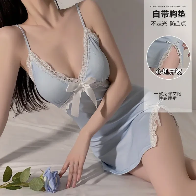 睡裙吊带夏天文胸绑带睡衣女夏季睡袍性感女士法式薄款胸垫