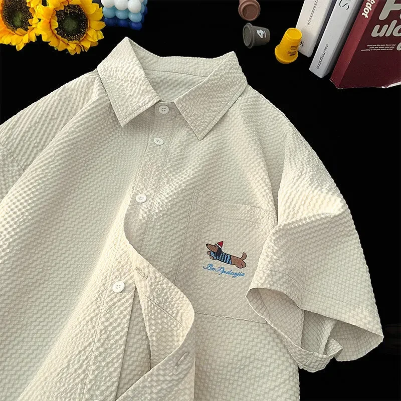 腊肠小狗刺绣衬衫短袖男夏季薄款泡泡纱纯色简约百搭大码休闲外套