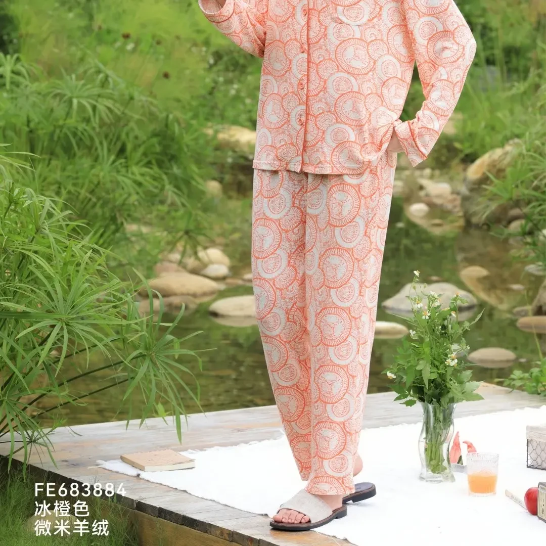 女士春秋季厚款长袖翻领睡衣家居服套装