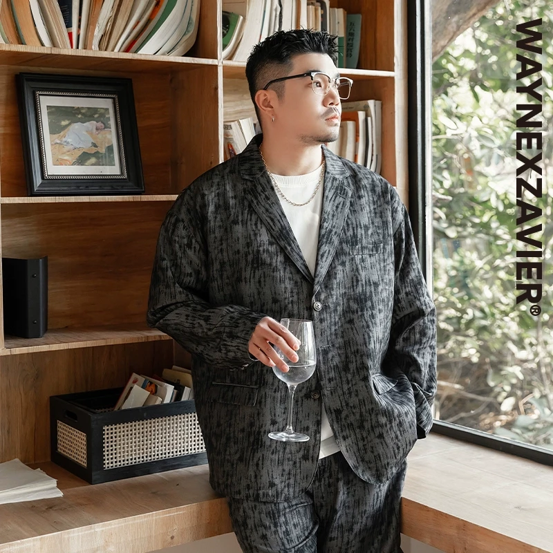 韦恩泽维尔大码加肥加大宽松翻驳领肌理提花时尚西装西服男9143