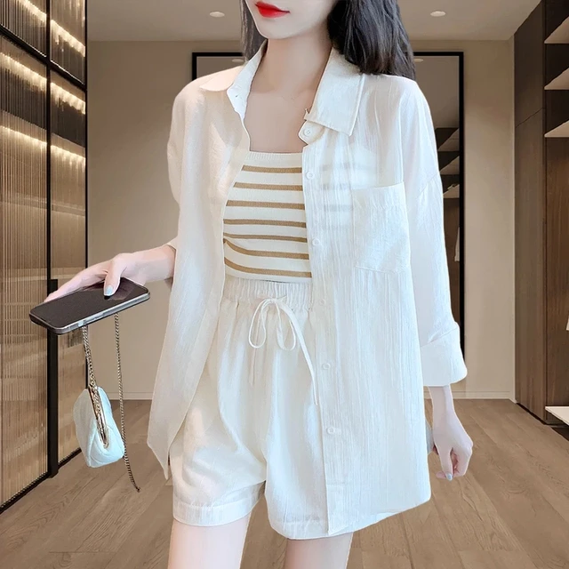 小个子夏装搭配一整套女2024新款薄款防晒衬衫短裤套装减龄三件套