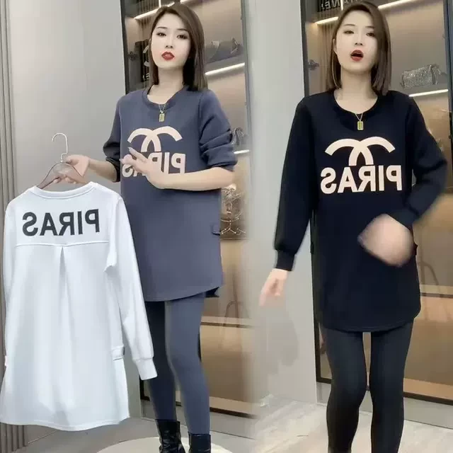 2025年春秋新款时尚中长款开叉洋气卫衣女休闲风气质宽松遮肚显瘦