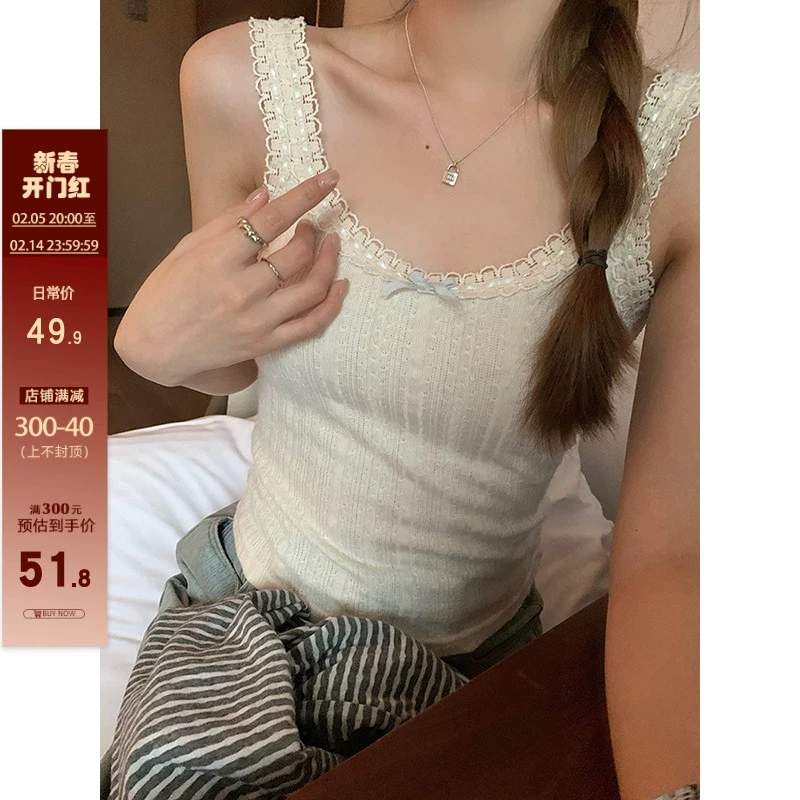 乌77bm纯欲风花边蝴蝶结吊带女修身显瘦百搭短款内搭外穿上衣早春