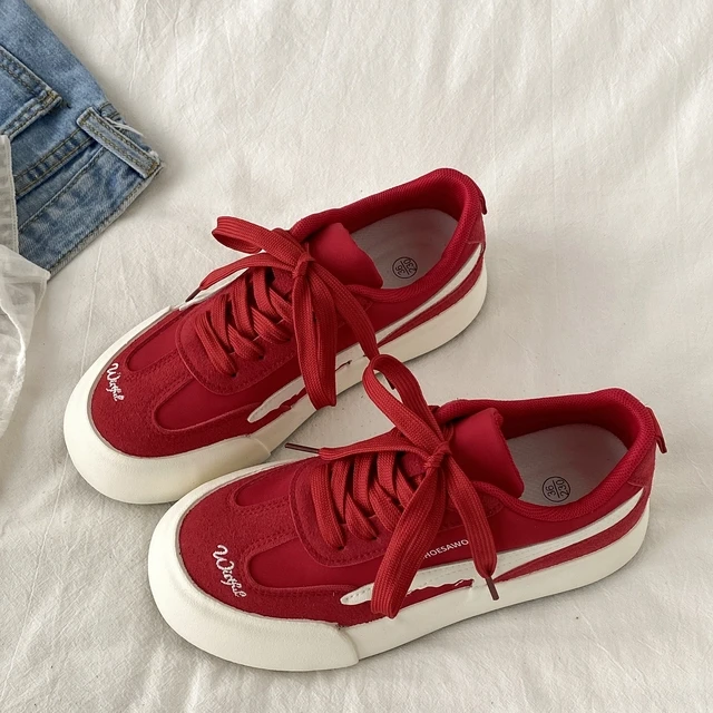 喜叔 小众红色厚底德训板鞋女2025新款夏季透气帆布鞋运动休闲鞋