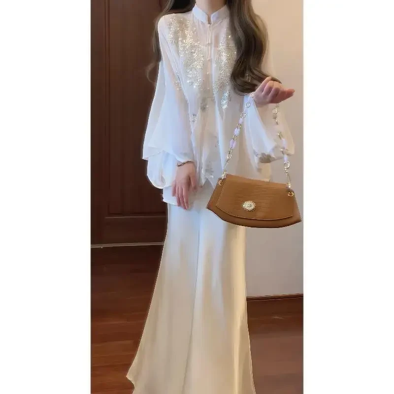2025春夏新款新中式国风银色珠片绣立领盘扣上衣半身长裙两件套装