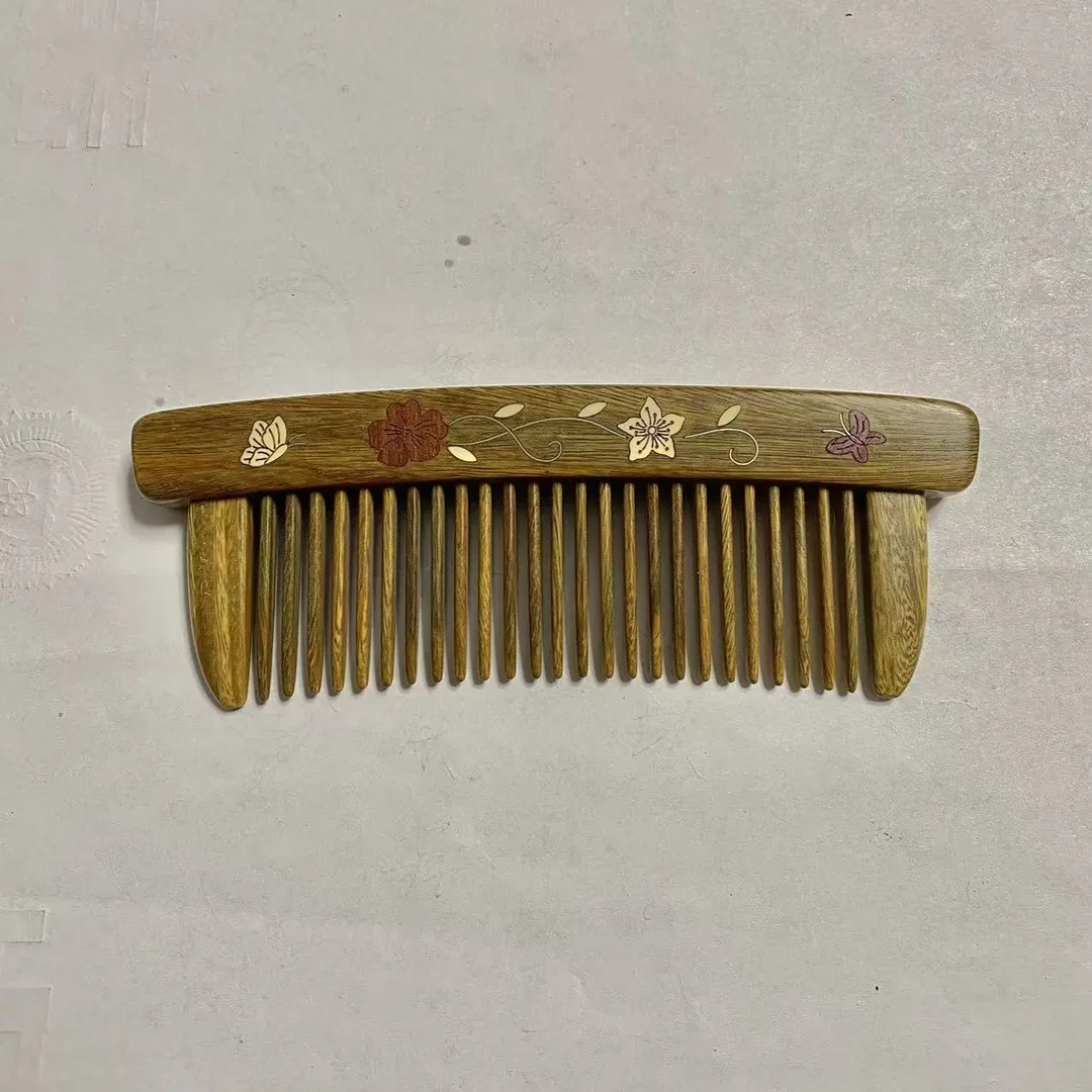 绿檀木插齿镶嵌按摩木梳中齿家用便携梳子