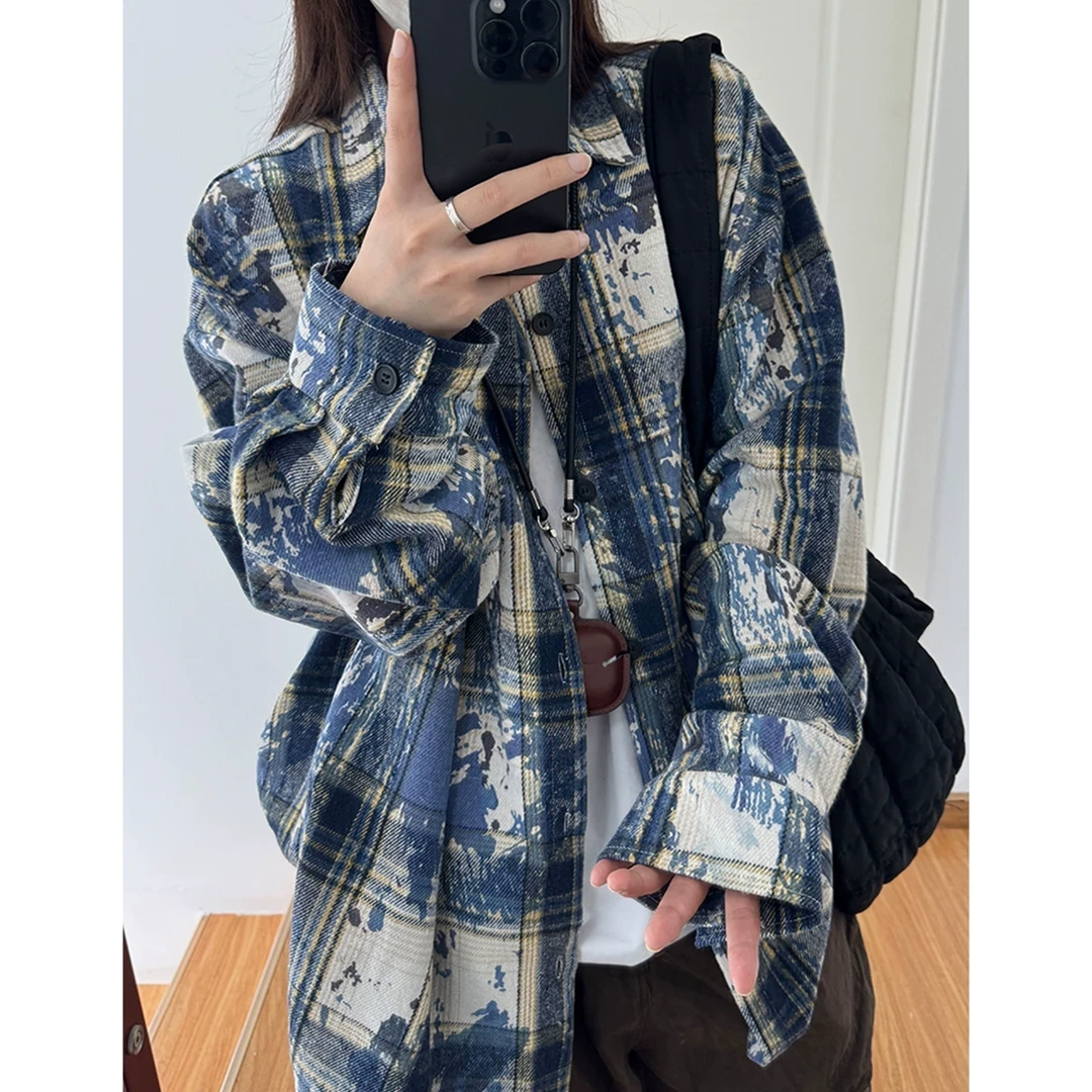 欧美扎染男士格子衬衫春秋休闲宽松百搭衬衣cleanfit叠穿情侣外套