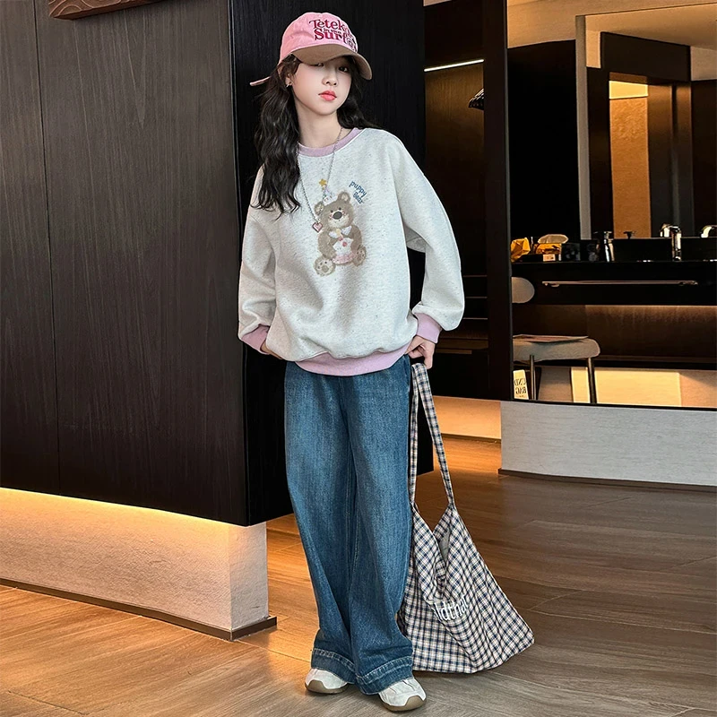 女童套装2025新款儿童可爱洋气小熊卫衣牛仔裤春季休闲两件套