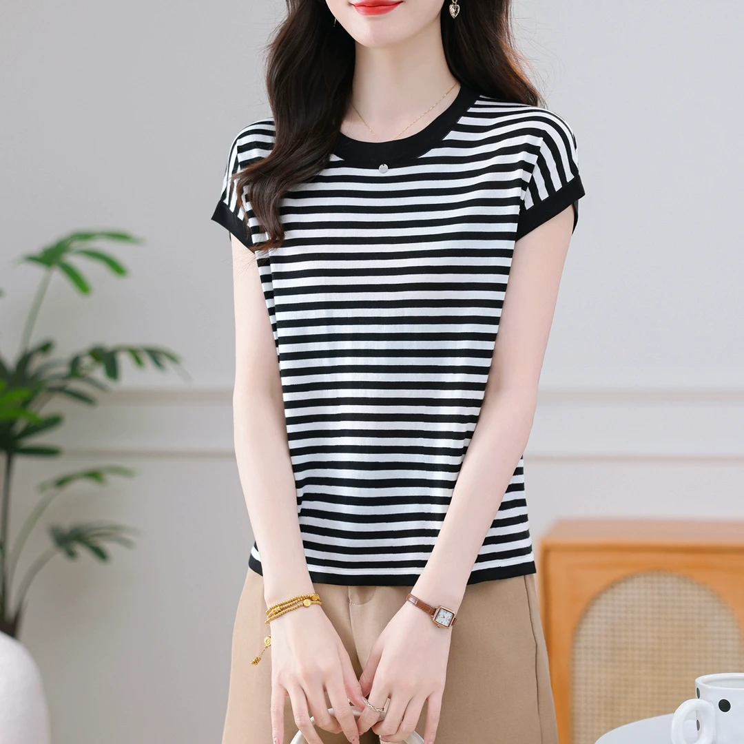 条纹天丝短袖t恤女士上衣2025夏季新款洋气宽松显瘦遮肚子肉体恤T