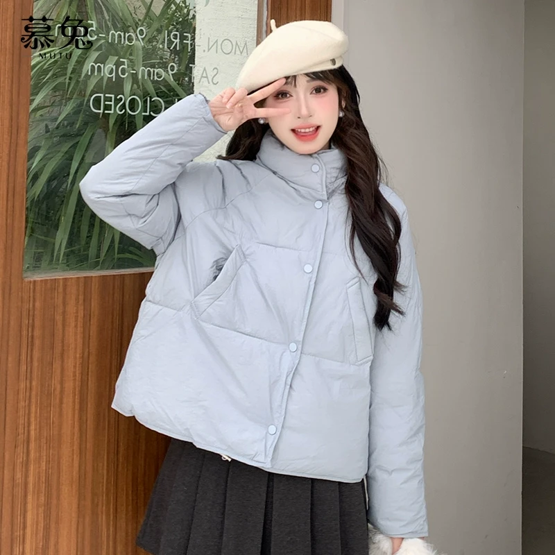 慕兔小个子蓝色立领棉衣棉服女冬2024新款宽松休闲加厚面包服外套