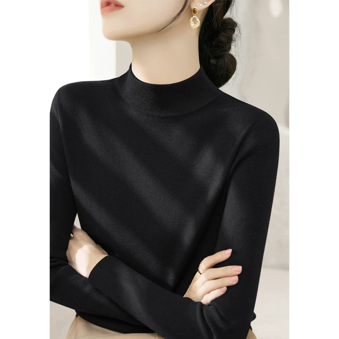 时尚修身秋季内搭针织衫半高领套头打底百搭长袖慵懒毛衣上衣