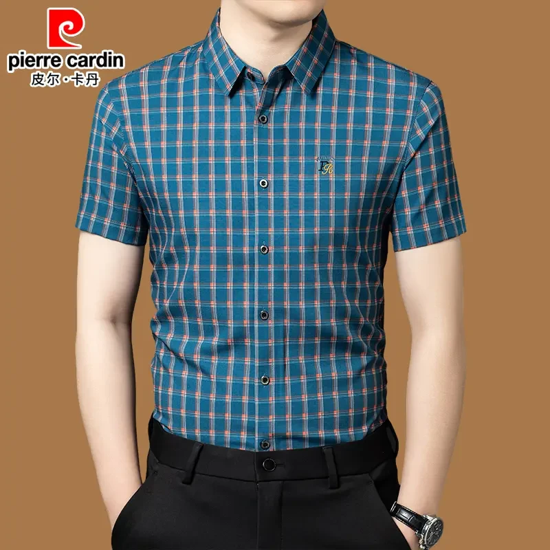 皮尔卡丹正品男士格子短袖衬衫夏季薄款时尚潮流休闲半袖抗皱衬衣