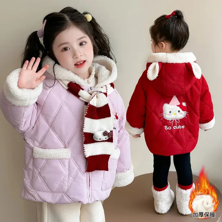 女童加绒加棉加厚卡通猫咪外套秋冬2025新款洋气女孩时髦连帽上衣